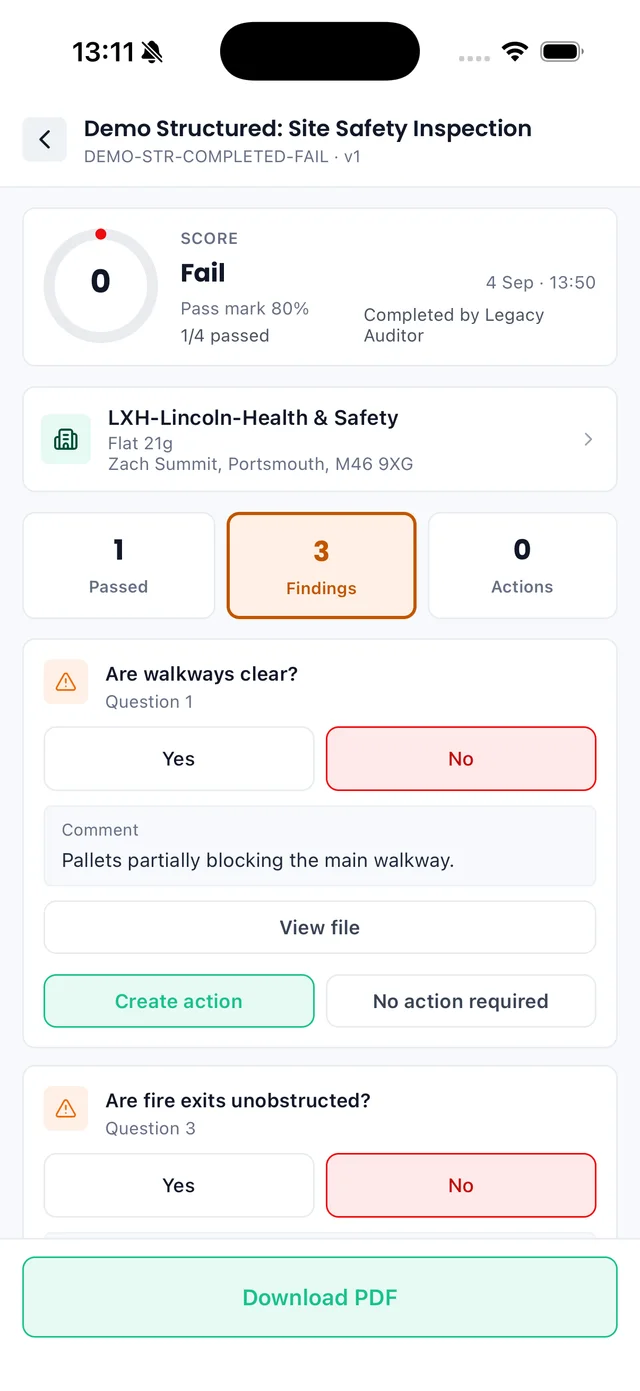 Sync iOS app: audit with findings, a failed question, a comment and a Create action button