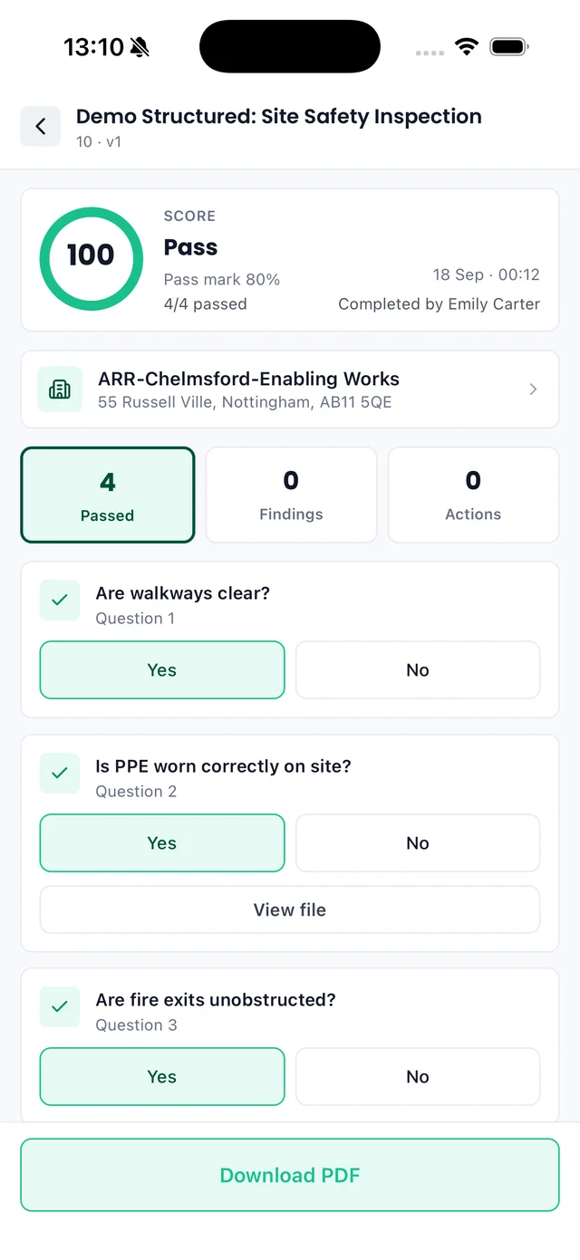Sync iOS app: completed audit scored 100 with a Pass and Download PDF