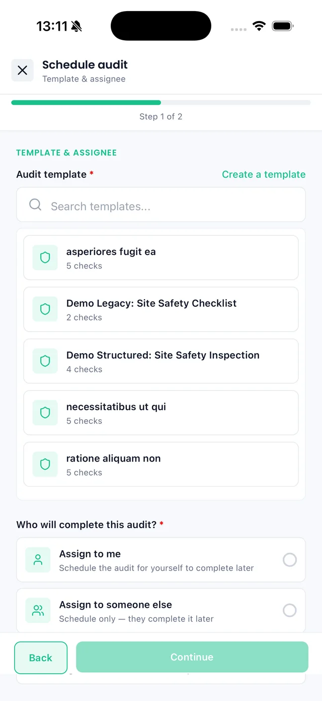 Sync iOS app: schedule audit step 1, choosing the template and who completes it