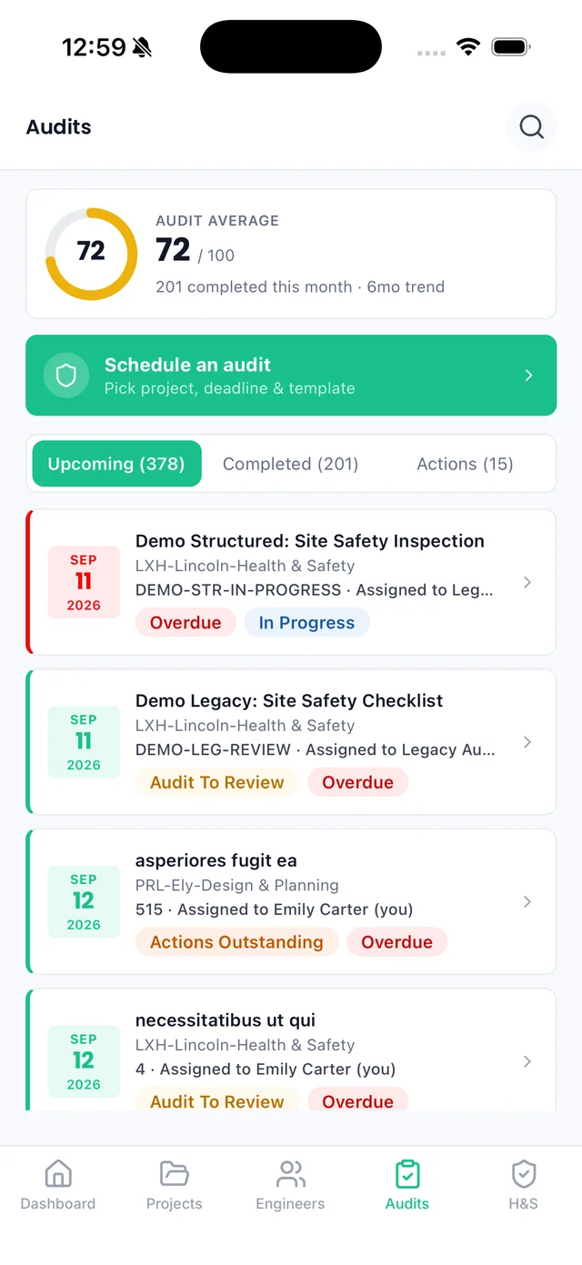 Sync iOS app: Audits screen with audit average score and upcoming audits