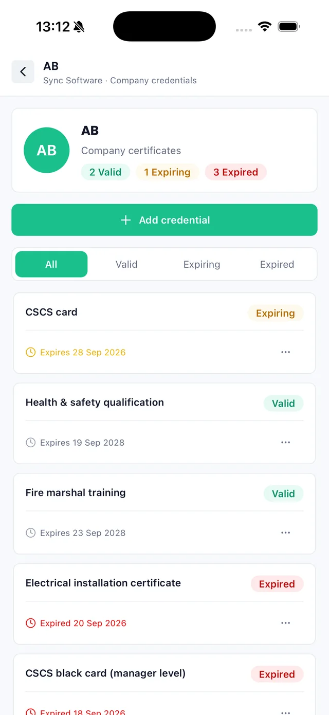 Sync iOS app: company credentials with valid, expiring and expired counts per certificate