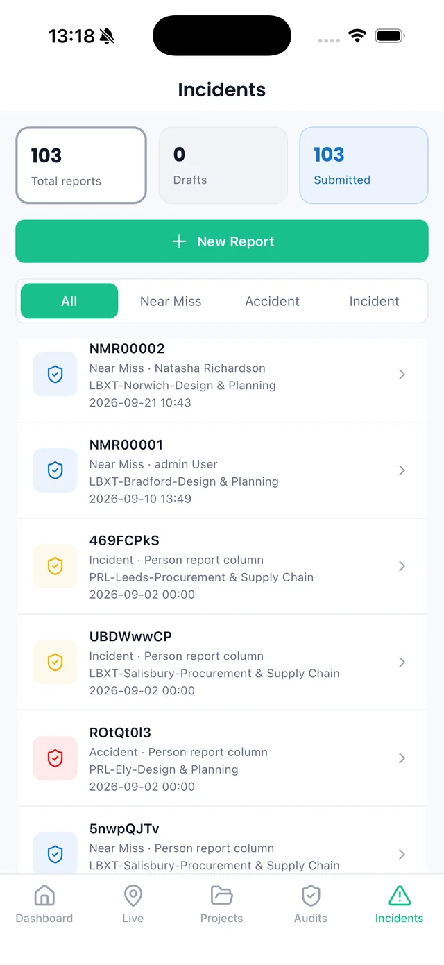 Sync iOS app: customer Incidents list with near miss, accident and incident filters