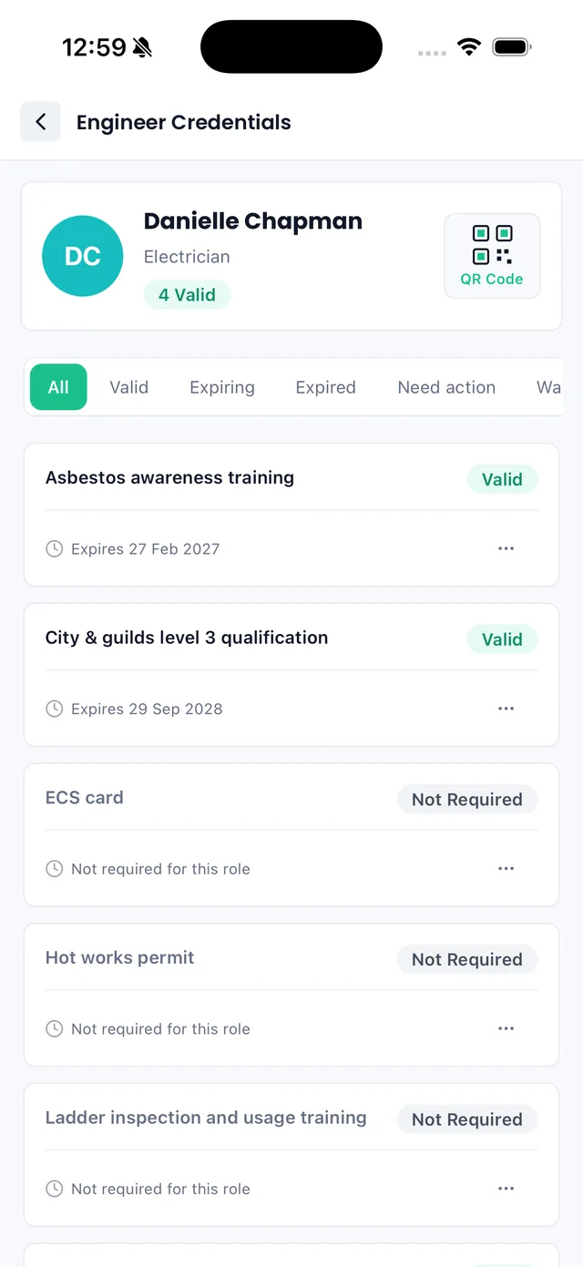 Sync iOS app: an engineer credentials page with a QR code and each credential status