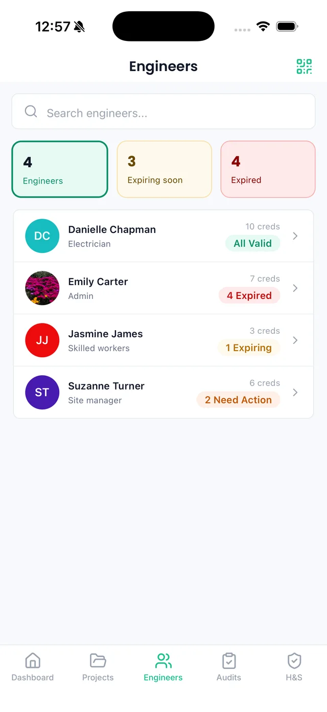 Sync iOS app: engineers list with credential counts, expiring and expired