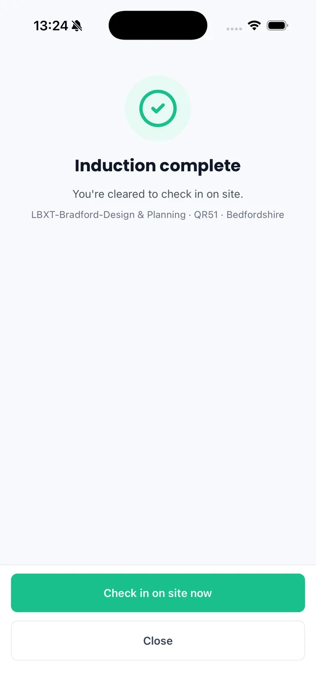 Sync iOS app: induction complete with a Check in on site now button