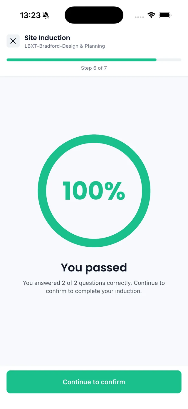 Sync iOS app: site induction result showing 100% and You passed