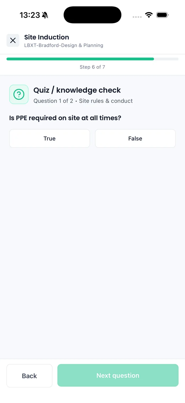 Sync iOS app: site induction knowledge check question on PPE