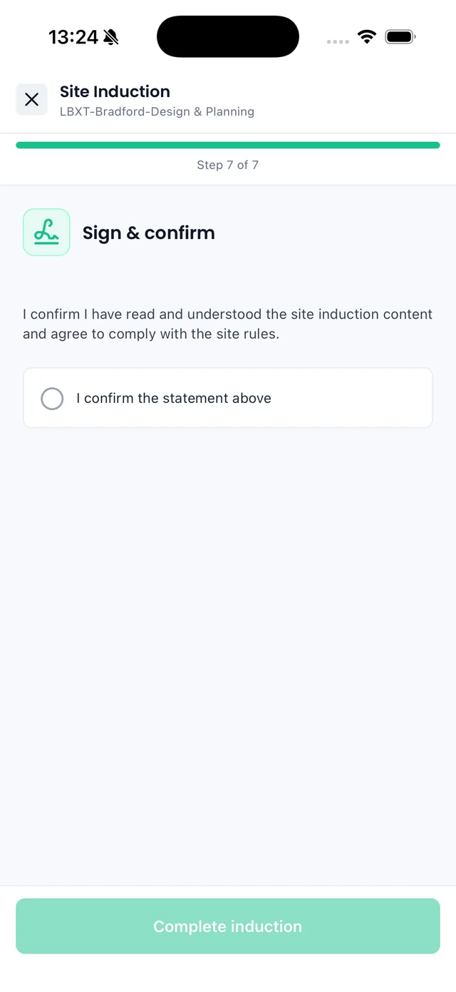 Sync iOS app: site induction sign and confirm step