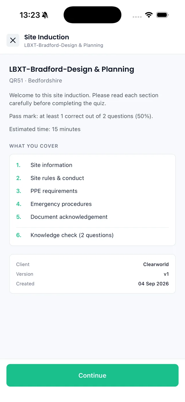 Sync iOS app: site induction overview listing the sections to cover and the pass mark
