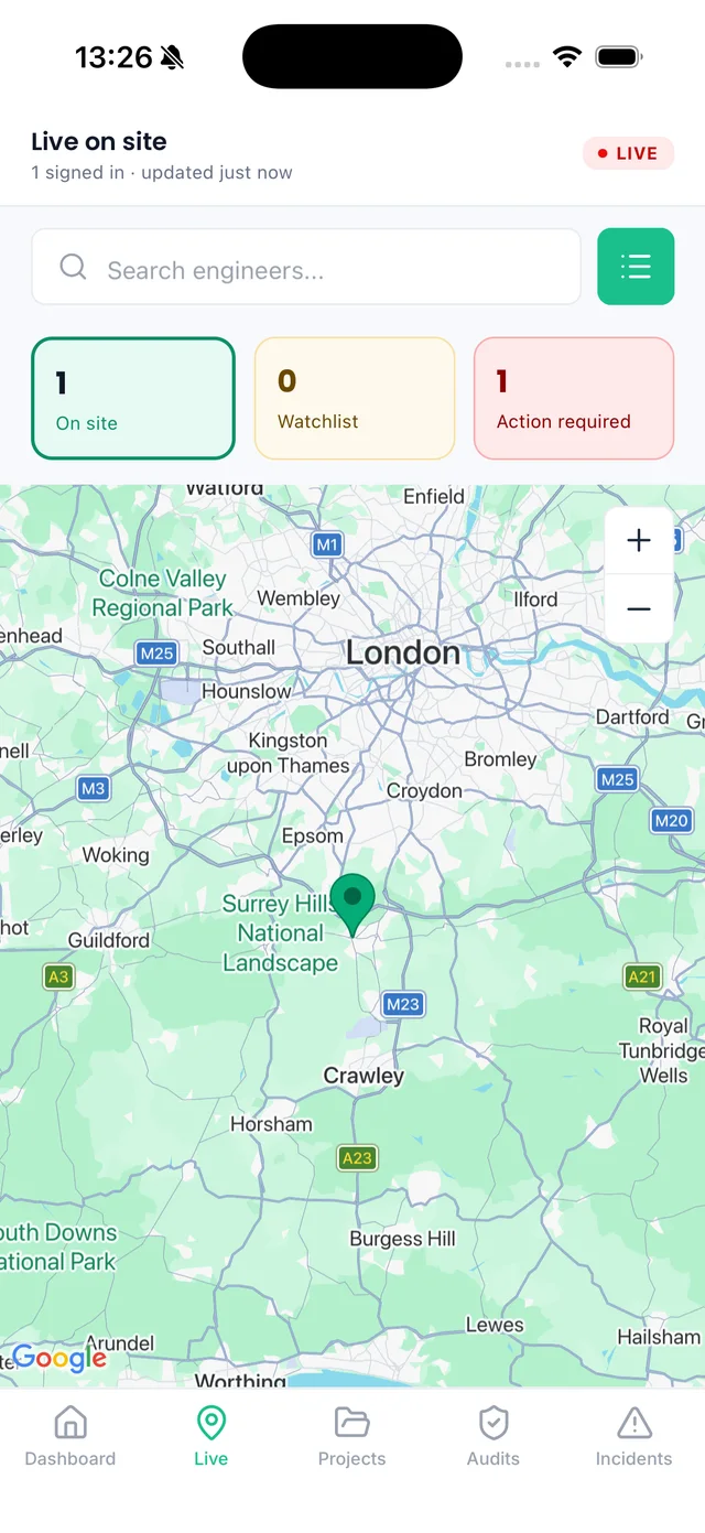 Sync iOS app: Live on site map with on-site, watchlist and action-required counts