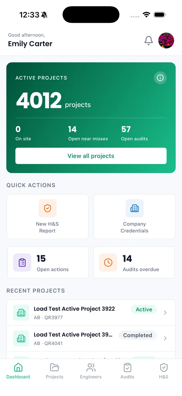 Sync iOS app: main contractor dashboard with active projects, near misses, open audits and quick actions
