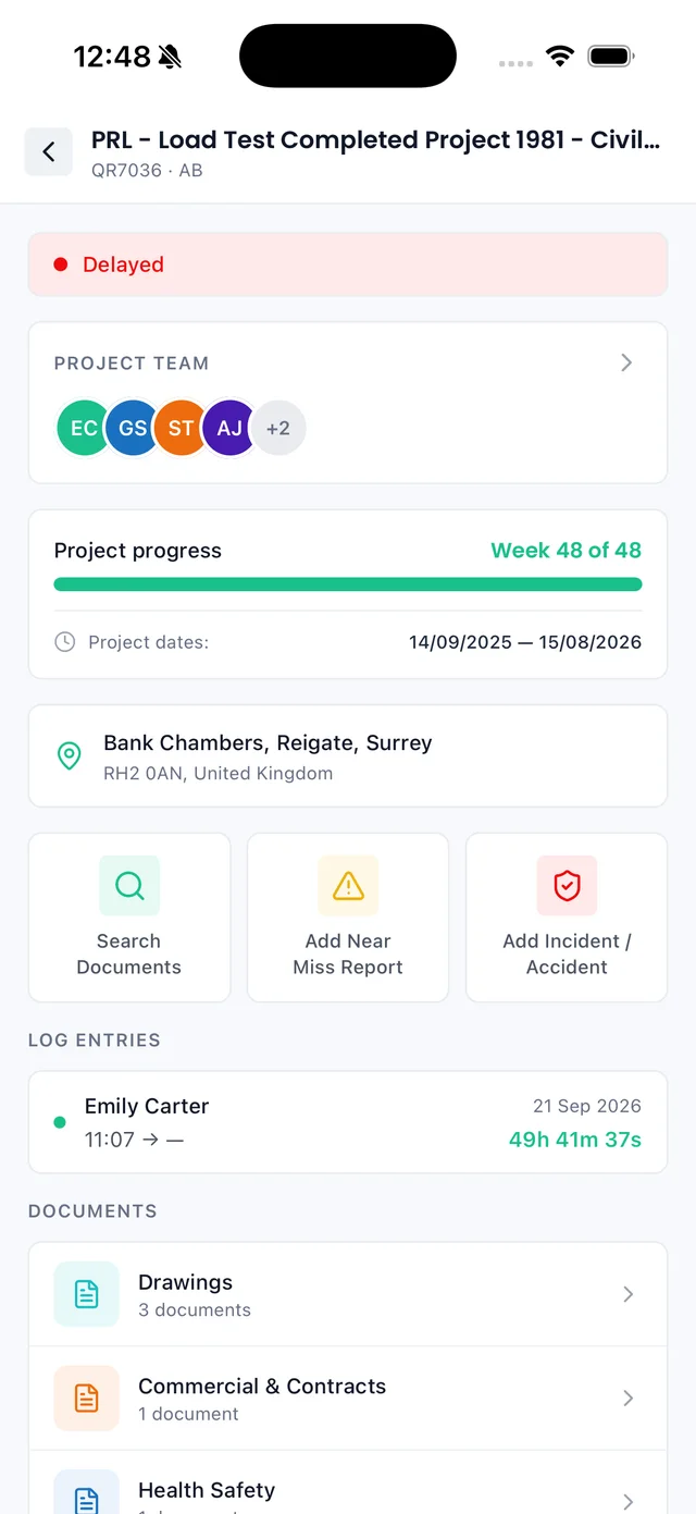 Sync iOS app: project detail with team, progress, log entries and documents