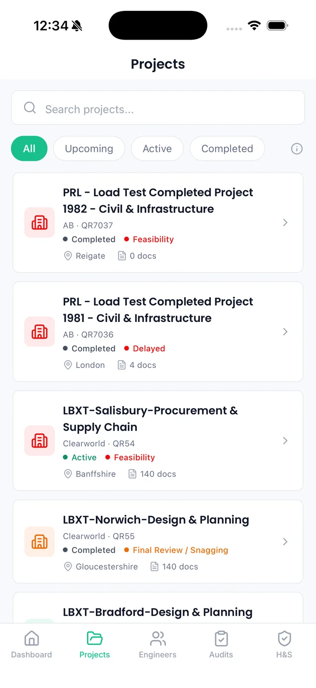 Sync iOS app: Projects list filtered by status, with stage, location and document count
