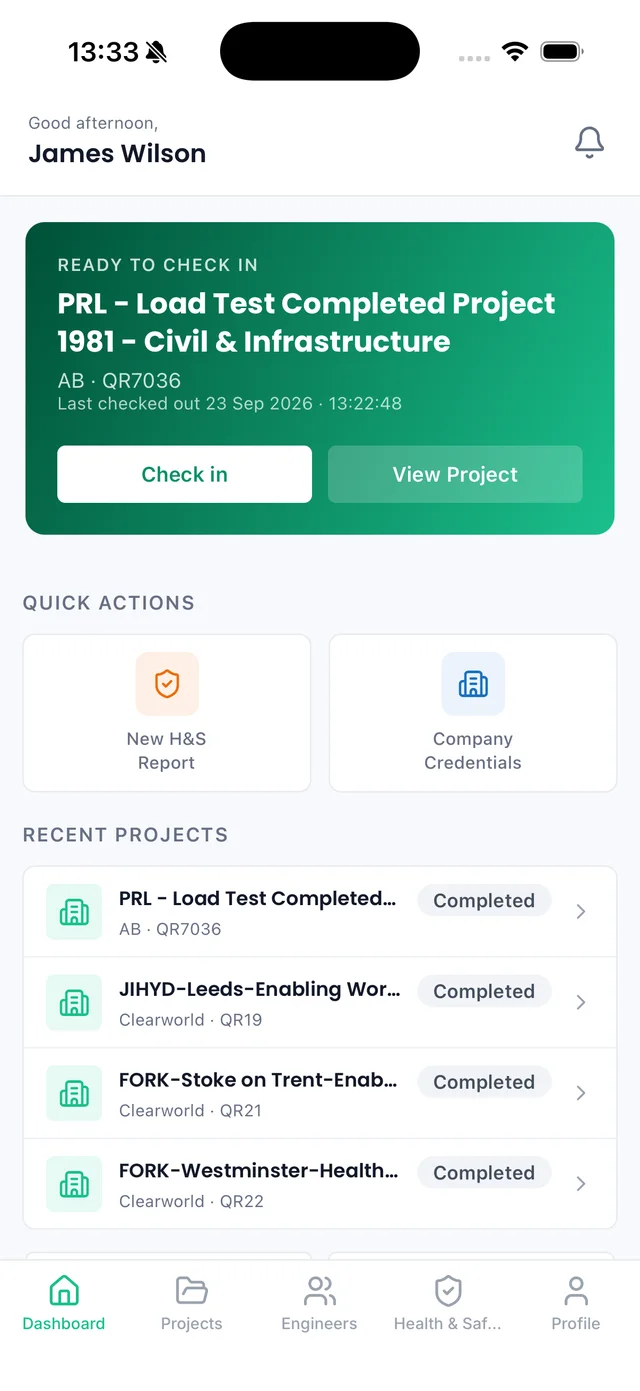Sync iOS app: subcontractor dashboard with a Ready to check in project card